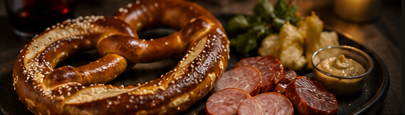 German pretzels, sliced sausage, pickles, and mustard