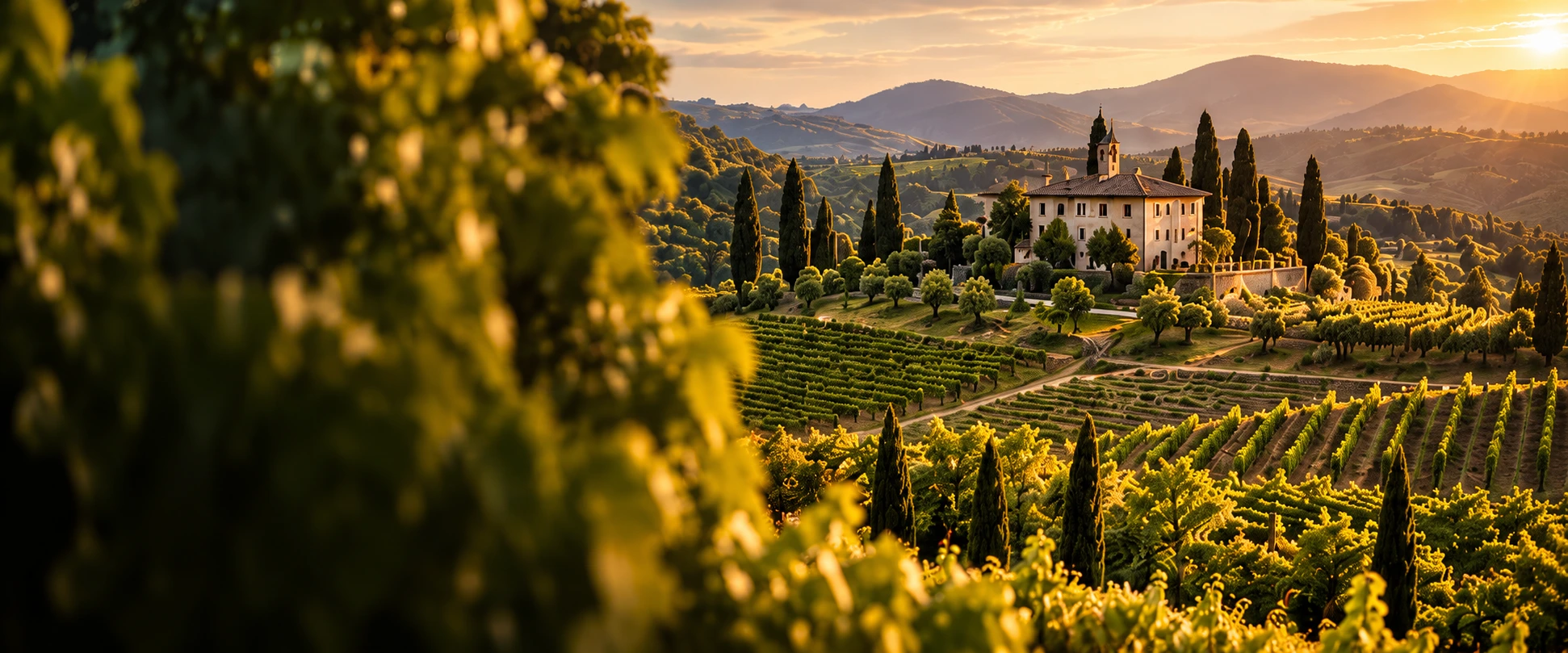 Golden evening light over vineyards, cypress trees and a Tuscan villa